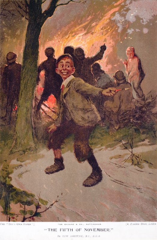 Den femte november, spændt dreng på bålaften (farve litho) af Tom Browne