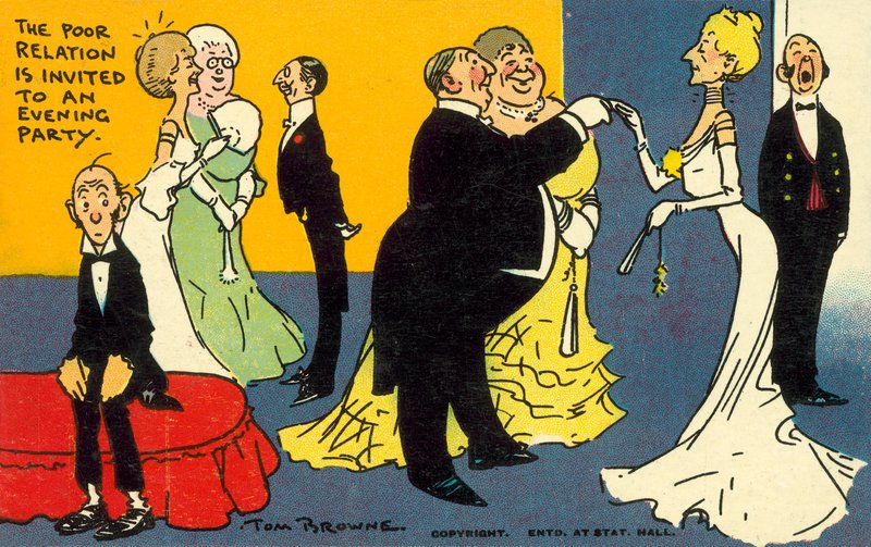 Den stakkels slægtning inviteres til en aftenfest (chromolitho) af Tom Browne
