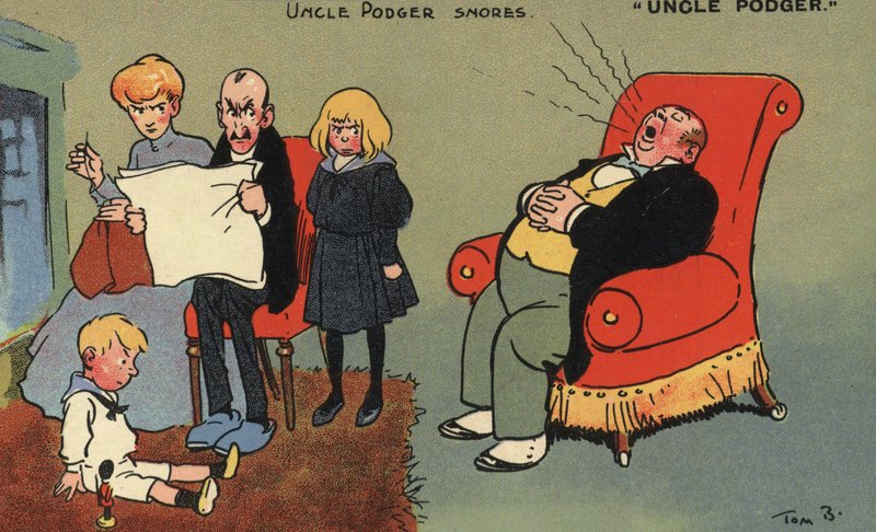 Onkel Podger snorker (farve litho) af Tom Browne