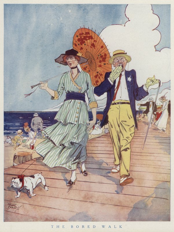 Par på strandpromenaden, kede af hinandens selskab (farve litho) af Tony Sarg