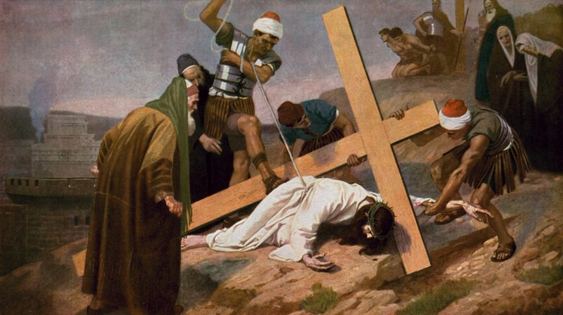 Jesus falder for tredje gang, mens han bærer sit kors af Unbekannt Unbekannt