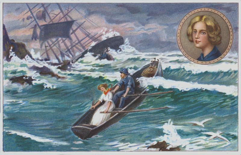 Grace Darling ror ud med sin far for at redde overlevende fra det skibbrudne skib "Forfarshire" i 1838. (chromolitho) af Unknown artist