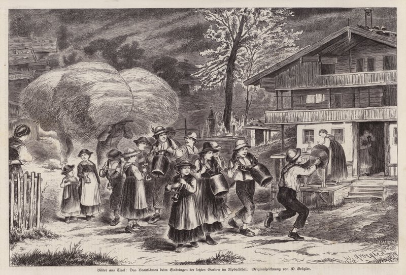 Traditionel ringning med koklokker for at fejre indbringelsen af den sidste høst i Alpbachtal, Tyrol, Østrig (kobberstik) af Unknown artist
