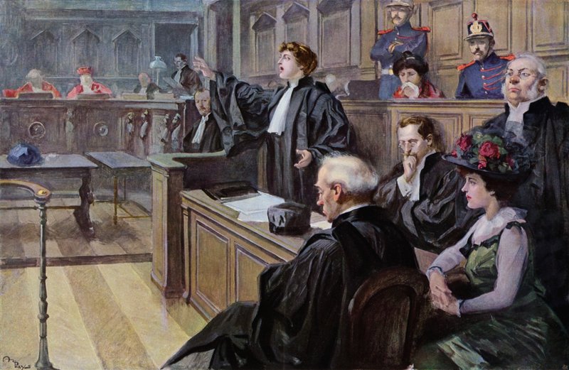Kvindelig advokat plæderer i Court of Assises (farvelitografi) af Unknown artist