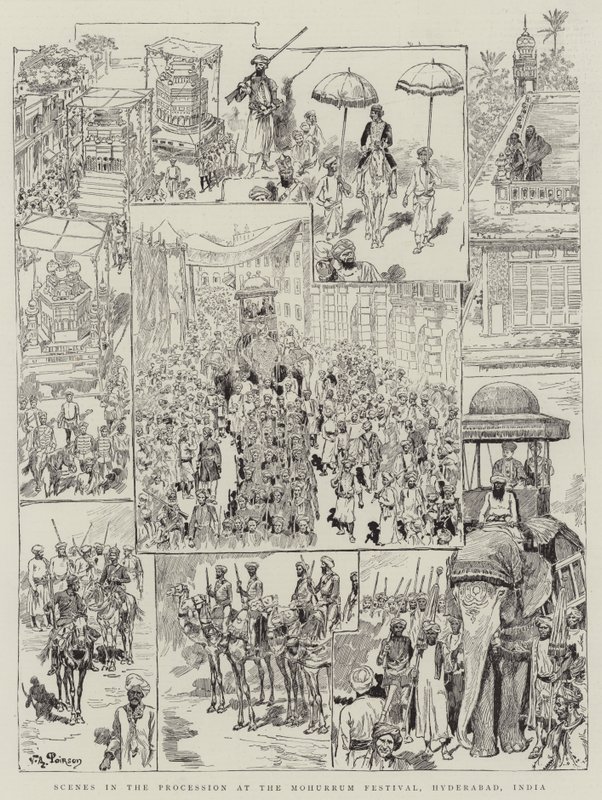 Scener i processionen ved Mohurrum Festival, Hyderabad, Indien af Victor Armand Poirson
