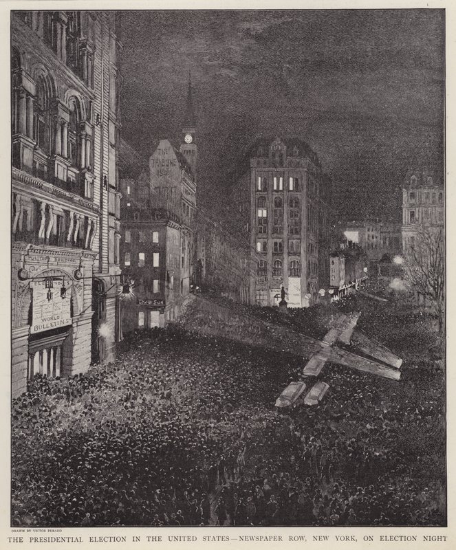 Newspaper Row, New York City, natten til det amerikanske præsidentvalg, 8. november 1892 (litho) af V. Perard