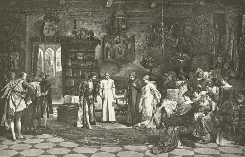 Petrarch og Laura introduceret af kejseren i Avignon (dybtryk) af Vaclav Brozik