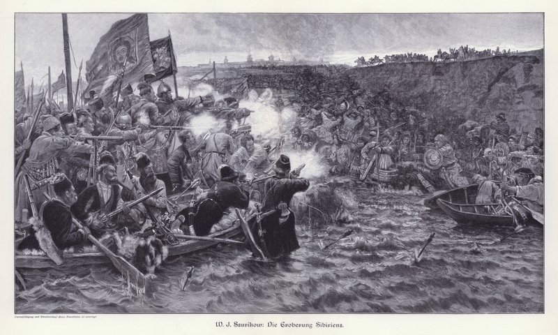 Erobringen af Sibirien af Yermak Timofeyevich (gravering) af Vasilij Ivanovic Surikov