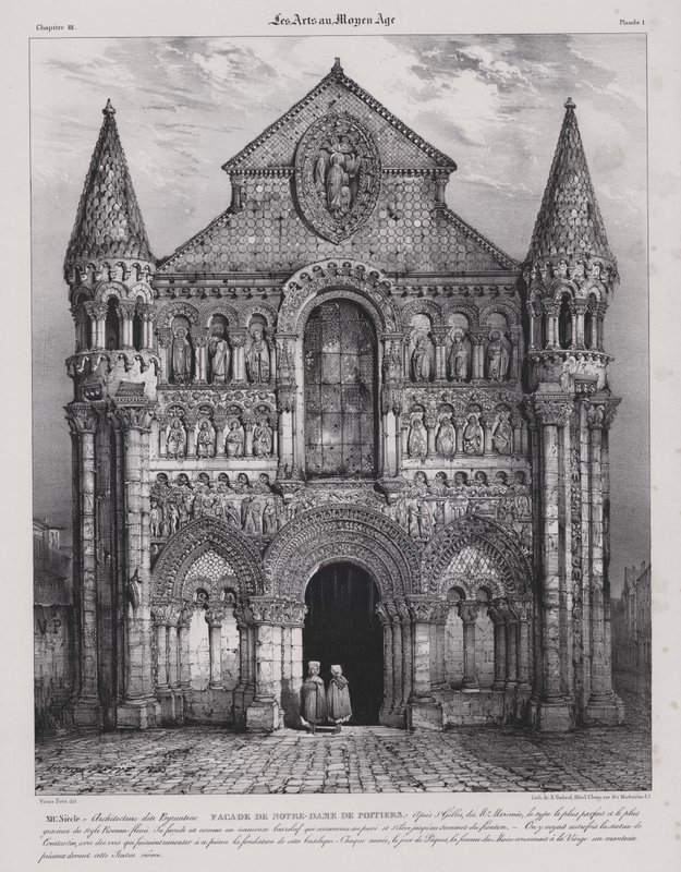 Romansk facade af kirken Notre Dame la Grande, Poitiers, Frankrig (litho) af Victor Jean Baptiste (after) Petit