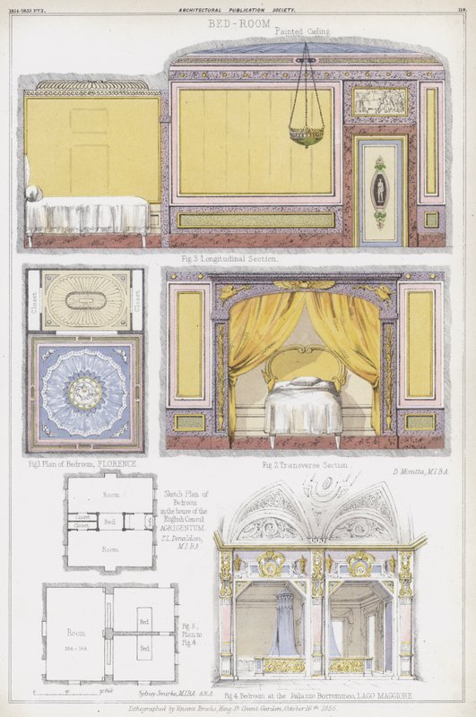 Soveværelser i Firenze, den engelske konsuls hus i Agrigentum og Casa Borromeo, Lago Maggiore, Italien (farve litho) af Vincent Brooks