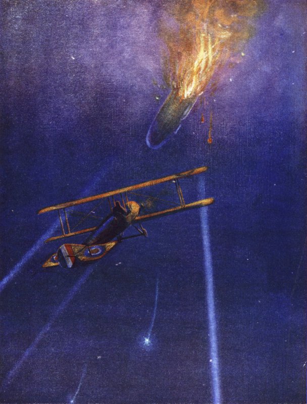 Løjtnant William Leefe Robinson angriber et fjendtligt luftskib og bringer det ned i flammer over Cuffley, Hertfordshire, september 1916 af W. Avis