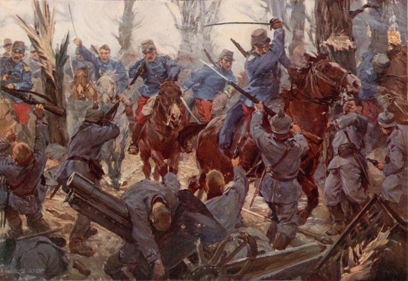 Et fransk let kavaleri angreb ved Lassigny (farve litho) af W.R.S. (after) Stott