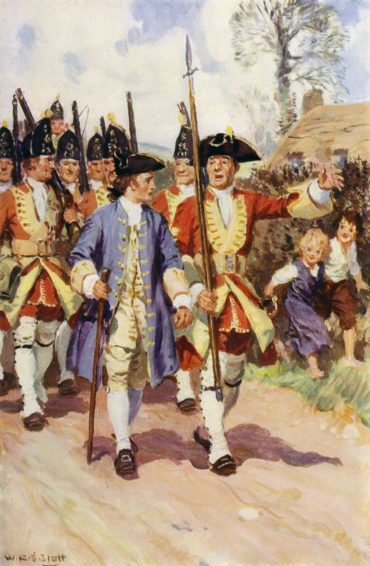 "Hele den dag marcherede sergenten og den unge soldat sammen" (farve litho) af W.R.S. (after) Stott