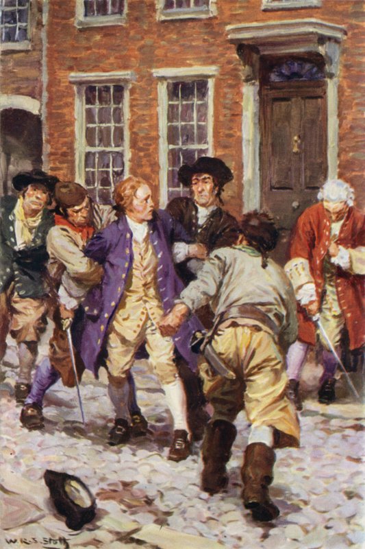 "I dette øjeblik styrtede en række fyre ind og greb Jones" (farve litho) af W.R.S. (after) Stott
