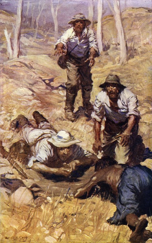 Kaptajn Gray og hans selskab finder vand (farve litho) af W.R.S. (after) Stott