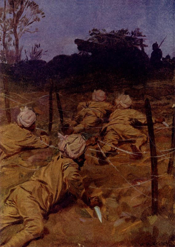 De indiske soldater krøb frem så lydløst som katte (farve litho) af W.R.S. (after) Stott