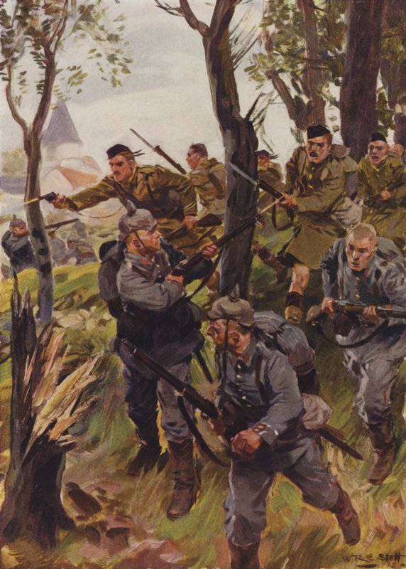 Seaforth Highlanders styrter fjenden (farve litho) af W.R.S. (after) Stott