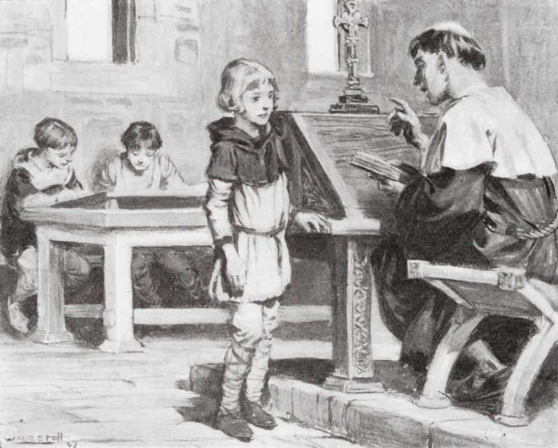 Den unge Cuthbert i skole (litografi) af W.R.S. (after) Stott