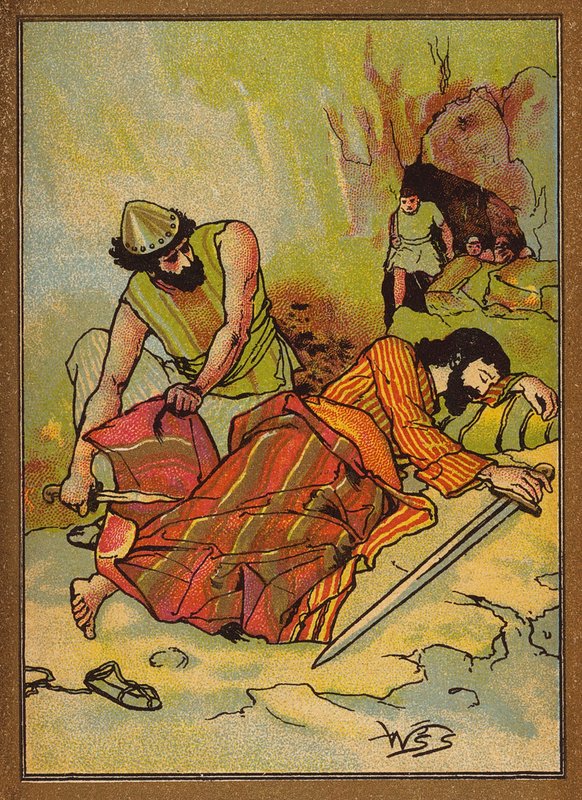 David skærer skørtet af Sauls kappe (farvelitografi) af W.S. Stacey