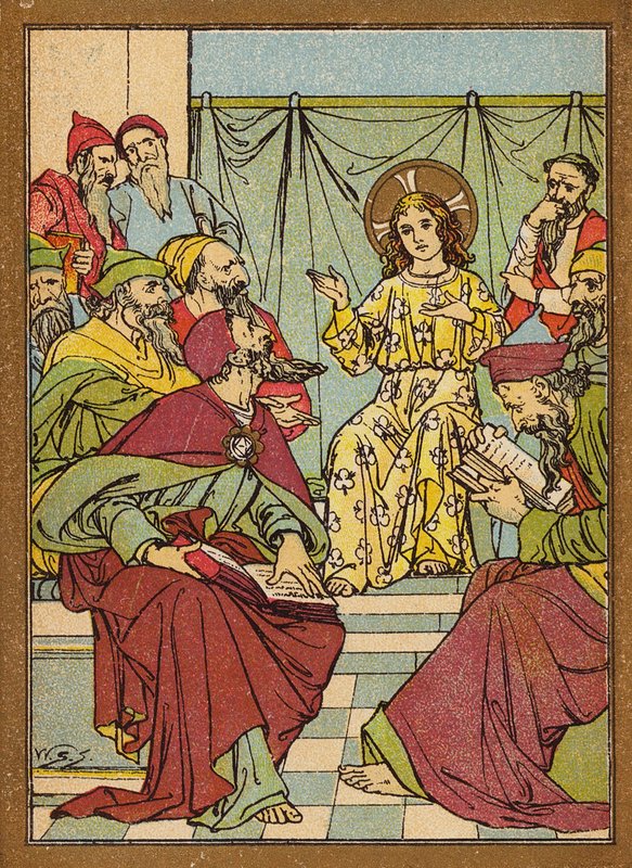 Jesus i templet i samtale med lægerne (farvelitografi) af W.S. Stacey