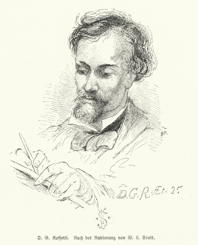Dante Gabriel Rossetti, britisk digter, illustrator, maler og oversætter, en af grundlæggerne af det prærafaelitiske broderskab (litho) af W. Bell (after) Scott