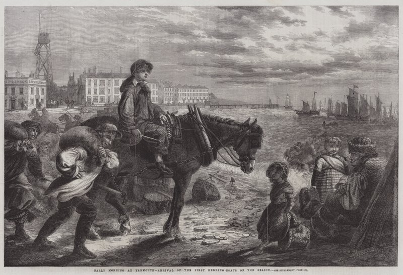 Tidlig morgen ved Yarmouth, ankomst af sæsonens første sildebåde af W. R. Woods