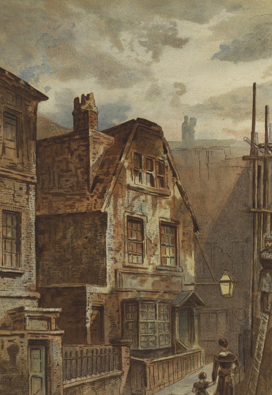 Gammelt hus bag Ludgate (chromolitho) af Waldo Sargeant
