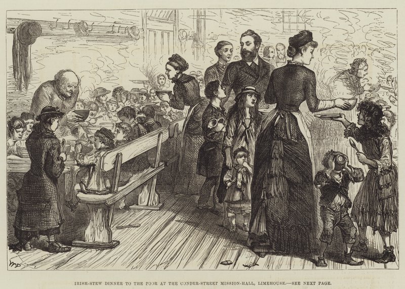 Irsk-gryderet middag til de fattige i Conder-Street Mission-Hall, Limehouse af Walter Paget