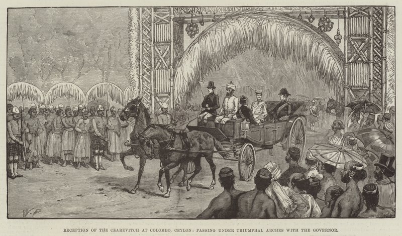 Modtagelse af Czarevitch i Colombo, Ceylon, der passerer under triumfbuer med guvernøren af Walter Paget