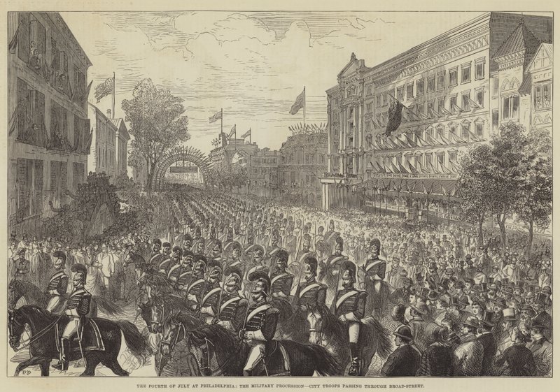 Den fjerde juli i Philadelphia, den militære procession, bytropper, der passerer gennem Broad-Street af Walter Paget