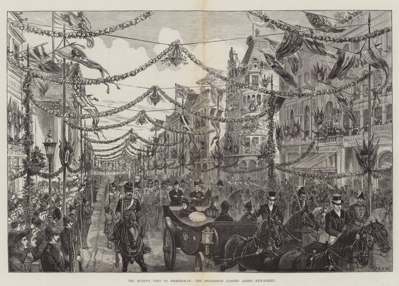 Dronningens besøg i Birmingham, processionen passerer langs New-Street af Walter Paget