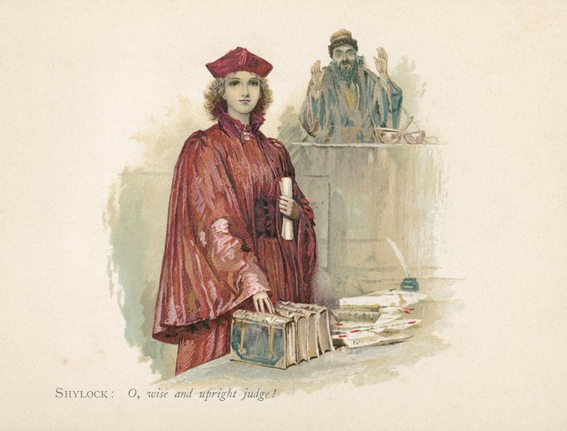 Portia og Shylock i The Merchant of Venice (chromolitho) af Walter Stanley Paget