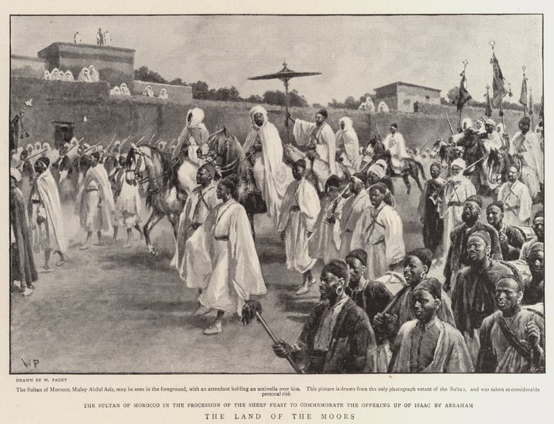 Maurernes land, sultanen af Marokko i processionen af fårefesten til minde om Abrahams ofring af Isaac af Walter Stanley Paget