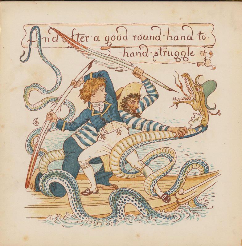 Illustration til Pothooks and Perseverance af Walter Crane (farvelitografi) af Walter (after) Crane