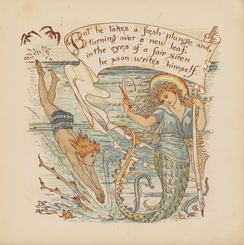Illustration til Pothooks and Perseverance af Walter Crane (farvelitografi) af Walter (after) Crane