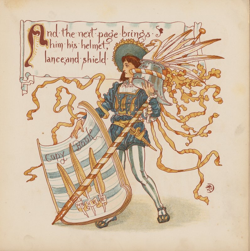 Illustration til Pothooks and Perseverance af Walter Crane (farvelitografi) af Walter (after) Crane
