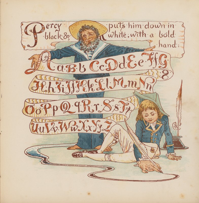 Illustration til Pothooks and Perseverance af Walter Crane (farvelitografi) af Walter (after) Crane