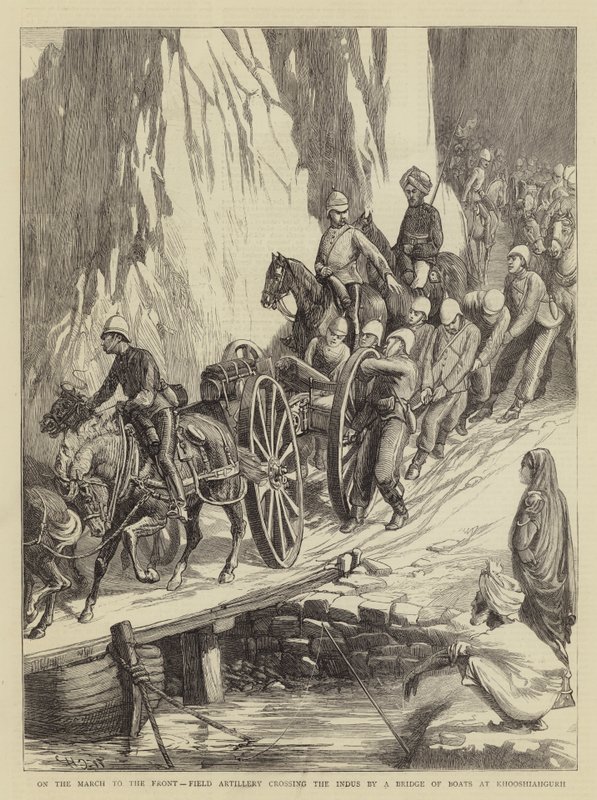 På march til fronten, feltartilleriet krydser Indus med en bro af både ved Khooshiahgurh af Walter Charles Horsley
