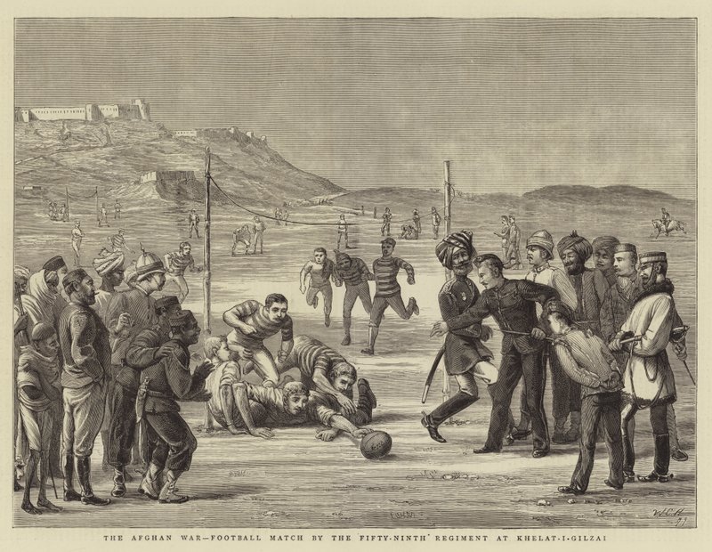 Den afghanske krig, fodboldkamp af det nioghalvtredsindstyvende regiment i Khelat-i-Gilzai af Walter Charles Horsley
