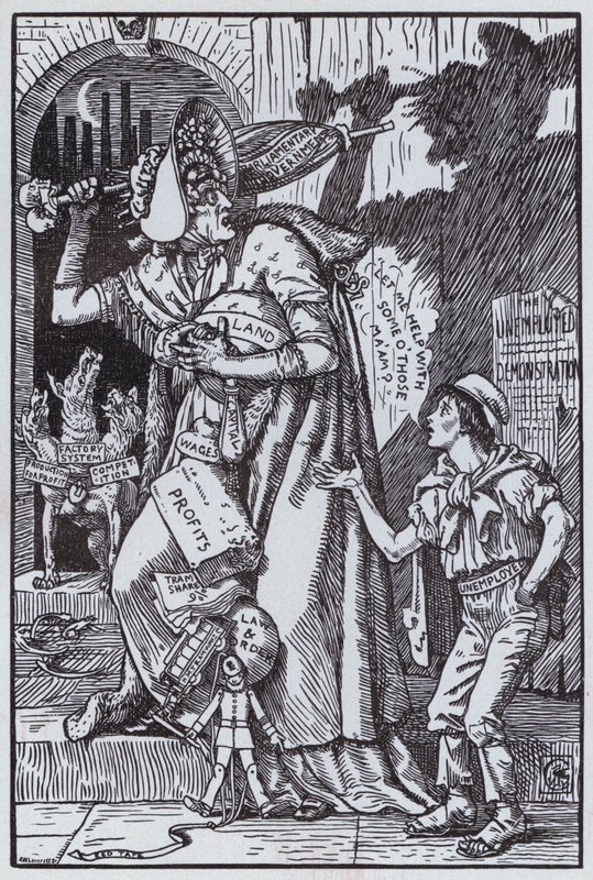 Fru Grundy skræmt af sin egen skygge (litografi) af Walter Crane