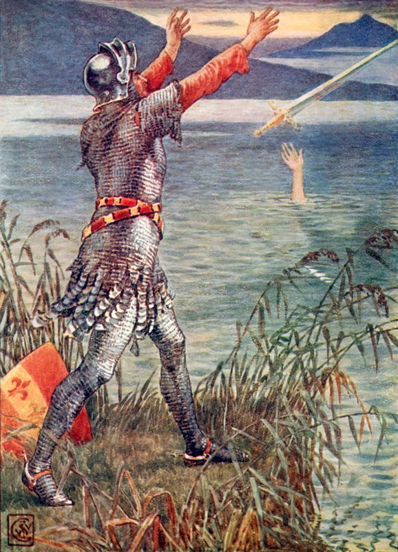 Sir Bedevere kaster sværdet Excalibur i søen af Walter Crane