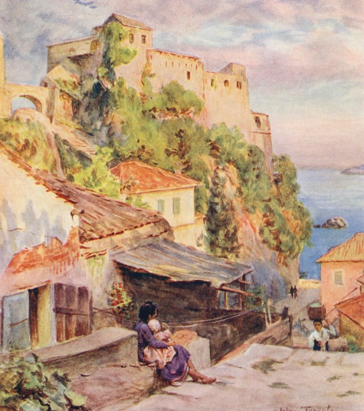 Castelnuovo, Boka Kotorska-bugten (farvelitografi) af Walter Frederick Roofe Tyndale