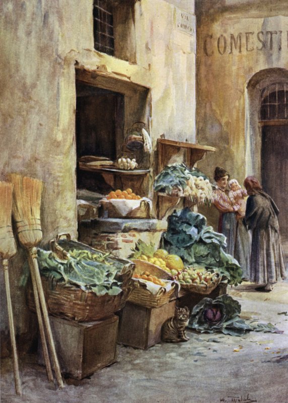 Grønthandlerbutik, italienske riviera (farve litho) af Walter Frederick Roofe Tyndale
