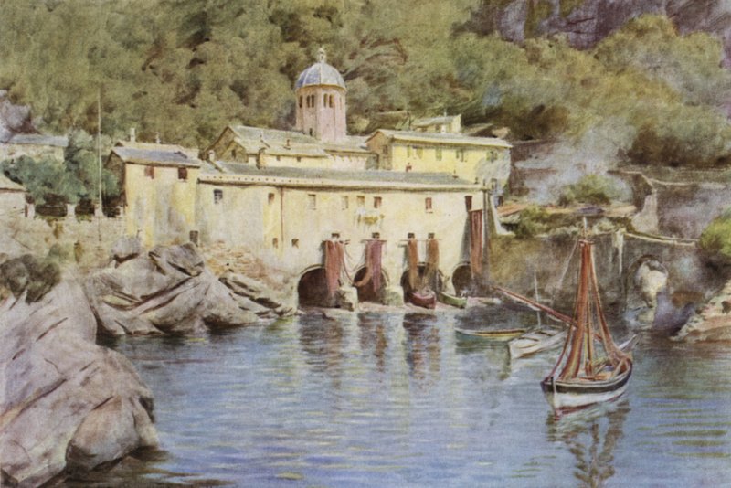 S Fruttuoso, Portofino, Italien (farve litho) af Walter Frederick Roofe Tyndale