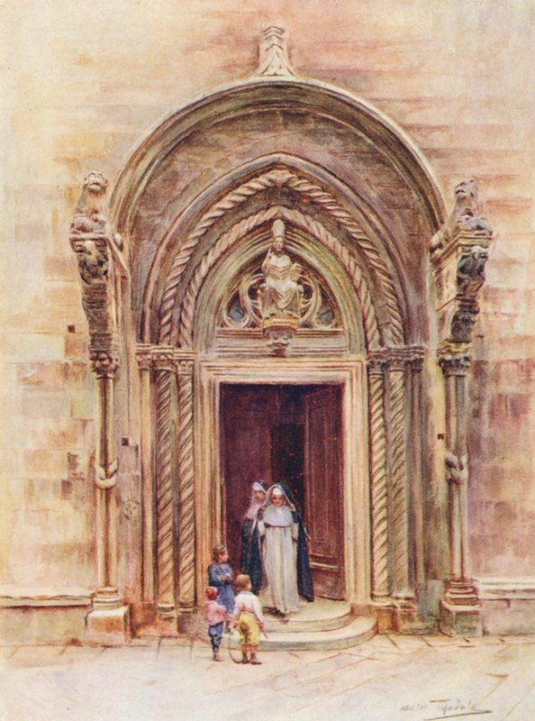 Døråbningen til domkirken i Curzola (farvelitografi) af Walter Frederick Roofe Tyndale