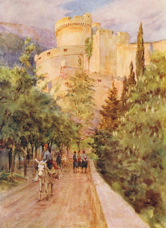 Minceta-tårnet, Ragusa (farvelitografi) af Walter Frederick Roofe Tyndale