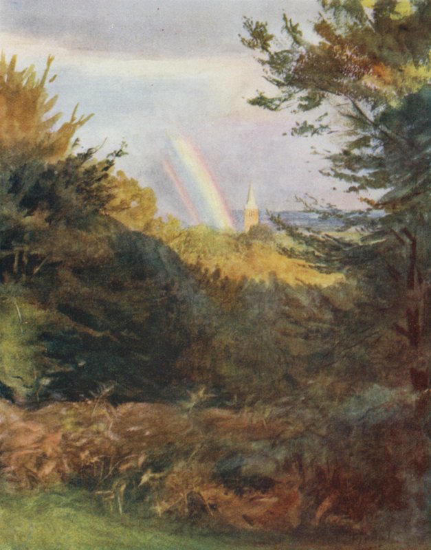 The New Forest: Lyndhurst Church fra Emery Down (farve litho) af Walter Frederick Roofe Tyndale