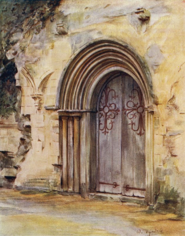 The New Forest: The Door of the Refectory, Beaulieu Abbey (farve litho) af Walter Frederick Roofe Tyndale