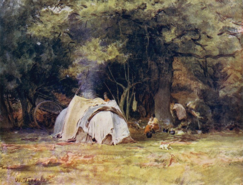 The New Forest: The Gipsy Camp nær Kennelerne mellem Lyndhurst og Minstead (farve litho) af Walter Frederick Roofe Tyndale