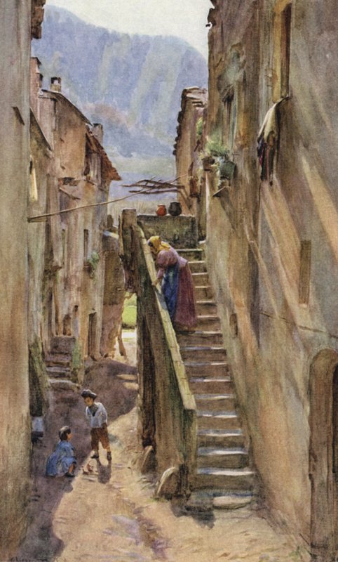 Vicolo del Ponte, Villa Nuova Di Albenga, Italien (farve litho) af Walter Frederick Roofe Tyndale